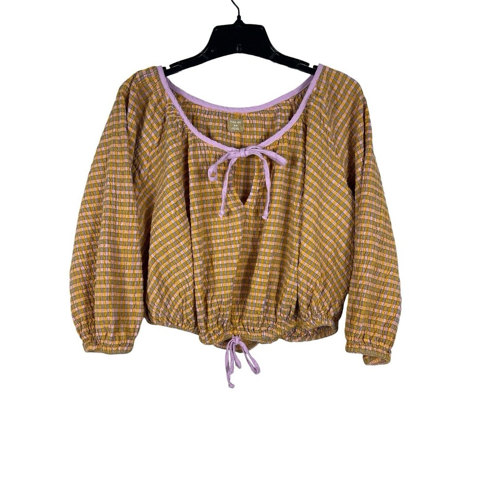 Free EST Free People Boho Mustard Plaid Blouse Peasant Top Balloon Sleeve Tie